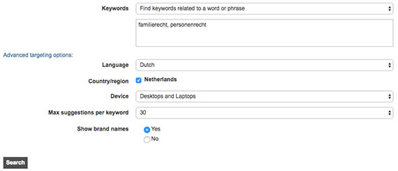 Zoekwoordanalyse tool Bing Adwords