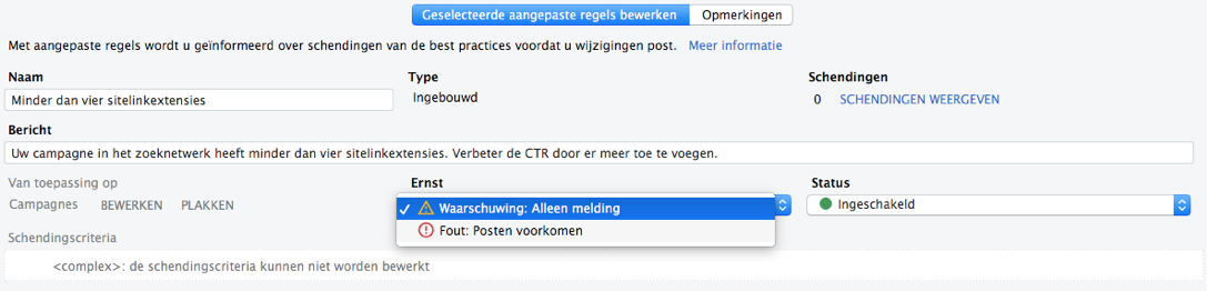 Voorbeeld van een aangepaste AdWords Editor regel